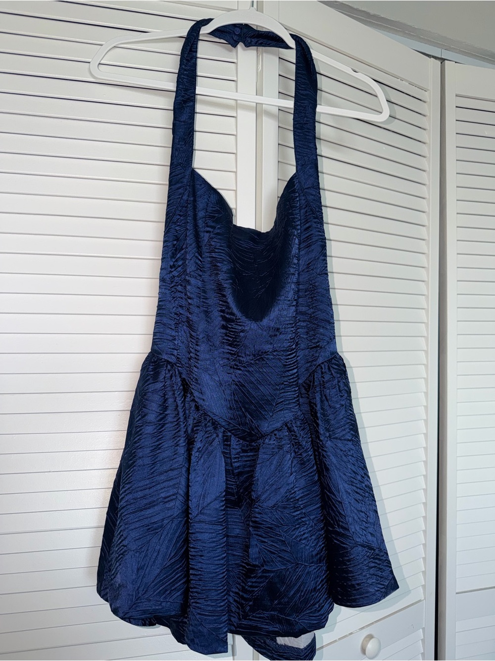 Fashion Nova Navy Textured Halter Dress with Tie Back